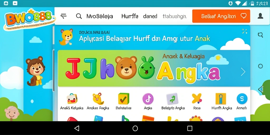 Tampilan antarmuka BWO888 yang ramah anak dengan fungsi belajar huruf dan angka.