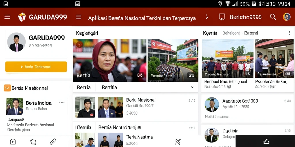 Antarmuka menarik dari aplikasi GARUDA999 dengan berita nasional terbaru.