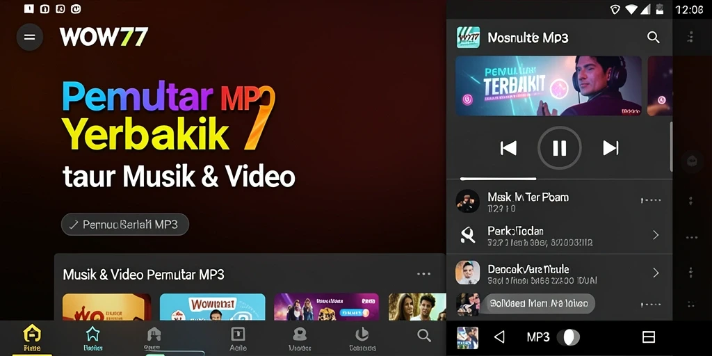 Tampilan antarmuka WOW77 dengan fungsi Pemutar MP3 yang sederhana.